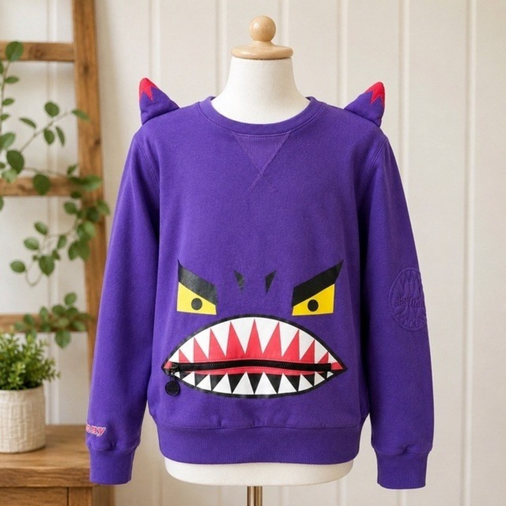 Elstinko Kids Monster Shark Zip Mouth Crewneck Sweatshirt Purple Youth L